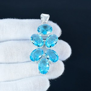 Elegante hecho a mano para mujer plata esterlina chapado en oro estilo bohemio para Topacio Azul colgante pera corte bisel ajuste encanto - Product Image 2