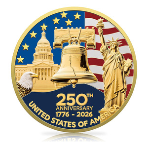 Moneta Commemorativa Personalizzata per il 250° Anniversario, <span class=keywords><strong>Serie</strong></span> Design Bandiera Americana e Campana della Libertà in Oro - Product Image 2
