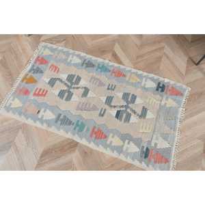 Alfombra Turca de 2.2x3.8 pies, Ecológica, con Base de Látex, Pelo Mediano, Estilo Kilim Vintage, Alfombra de Lana con Parches Azules - Product Image 5