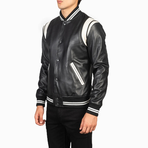 Unisex Black Genuine <b>Leather</b> Varsity <b>Jacket</b> Classic Baseball Style Casual Fashion <b>Jacket</b> Waterproof Breathable Eco-Friendly - Product Image 2