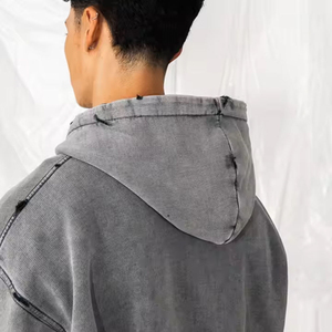Qualité supérieure Épaule tombante Fermeture Éclair Hoodies Lavage À L'acide Déchiré Déchiré Hoodies En Détresse Fabricant De Vêtements 100% Coton French Terry - Product Image 4