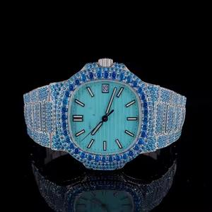 Reloj mecánico personalizado de alta calidad para hombre, tono azul real, movimiento automático, estilo Hip Hop, esfera azul clásica completamente helada - Product Image 1