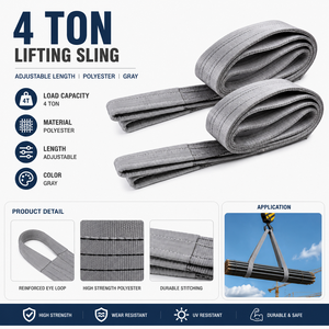 Eslinga de elevación plana de 4 toneladas, 100 mm × 5 m, resistente a la abrasión, de poliéster reforzado con ojales para elevación de equipos pesados - Product Image 4