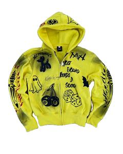 Sweat à capuche surdimensionné pour homme, imprimé en relief, effet délavé, en molleton 100% coton épais, avec fermeture éclair ornée de strass de haute qualité - Product Image 2