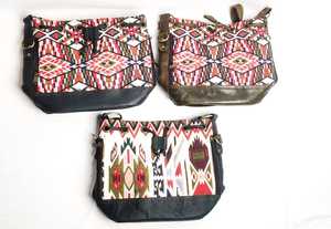 Boho Chic Ethnic Ikat Print <b>Canvas</b> and Faux Leather Crossbody <b>Bag</b> with Drawstring Eyelet Detail and Zipper Closure <b>bag</b> - Product Image 2