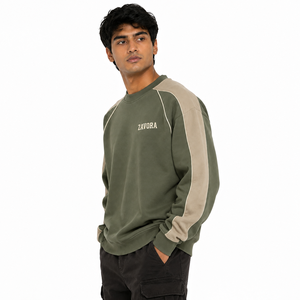 Sudadera de cuello redondo verde oliva para hombre High Street con mangas beige en contraste y ribete blanco, corte holgado, forro polar, OEM ODM - Product Image 3