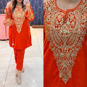 Red Velvet Salwar Kameez Set Midi-Length Ethnic Wear Embroidery Sleeves Side Pockets <b>Potli</b> <b>Bag</b> for Weddings-Elegant Luxurious - Product Image 4