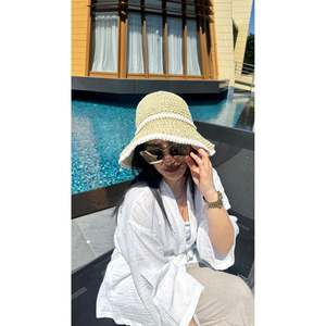 Beige Pearl Detailed Knitted Pattern Wide Brim Hand-Knitted Summer Straw <b>Hat</b> HSR2093 - bej2093 - Product Image 2