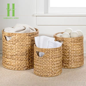 Hot Selling Set 2 Factory's Customizable Boho Water Hyacinth <b>Round</b> Basket Handle Square Serving Tray for Decor OEM Storage <b>Boxes</b> - Product Image 4