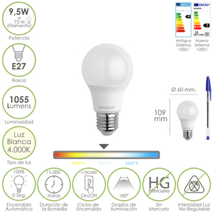 Lampadina LED Standard con Attacco E27 9,5 Watt. Corrisponde a 75 Watt. 1055 Lumen. Luce Neutra (4000o. K.) - Product Image 1