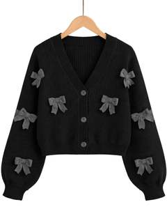 Manufacture Customized <b>Women</b> Black <b>Cropped</b> Knit <b>Cardigan</b> Sweater With Grey Bow Applique V Neck Button Front Cute Winter Fashion - Product Image 1