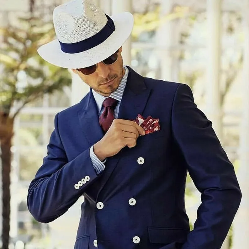 Trajes azules profesionales para caballeros, trajes de fiesta de boda informales de trabajo de oficina de 2 piezas, trajes de esmoquin lujosos de estilo elegante para hombres a granel