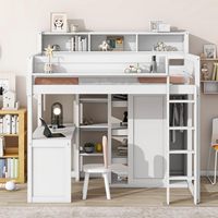 Cama Alta Infantil de Madera Gris con Escritorio y Espacio de Almacenamiento, Muebles para Dormitorio Infantil con Estantería