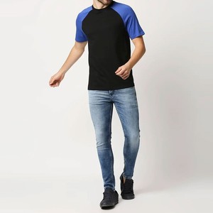 Camiseta de hombro Reglan de algodón 100% de gran tamaño para hombre Patrón sólido con combinación de camiseta azul y negra para hombre ajuste suelto - Product Image 5