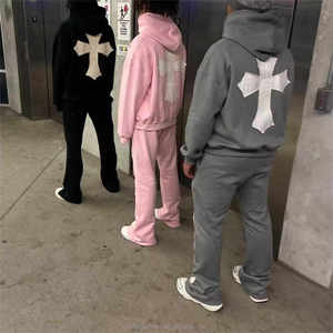 ชุดวอร์มมีฮู้ดแฟชั่นตามสั่งของผู้ชายชุดวอร์มผ้าฝ้าย100% กางเกงวิ่งชุดวิ่งกางเกงปักลายเปลวไฟสำหรับฤดูหนาว - Product Image 2