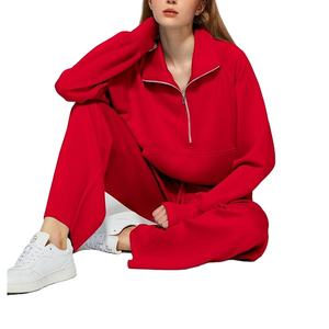 ชุดวอร์มกางเกงขากว้างชุด2ชิ้นของผู้หญิงชุดผ้าฝ้ายชุดเลานจ์โอเวอร์ไซส์มีซิปครึ่ง2026 - Product Image 6