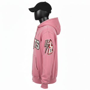 Sudadera con Capucha Premium de Felpa Rosa con Paneles de Logotipo Deportivo Personalizado Bordado, Estilo Desgastado, Cómoda y Básica - Product Image 5