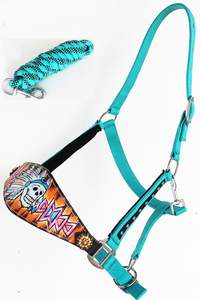 Venta al por mayor Horse Noseband Tack Bronc Cuero tallado a mano Nylon HALTER Tiedown Cuerda de plomo Inglés Saddle Halters DE LA India - Product Image 3