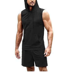 Survêtement de sport pour homme, ensemble court à capuche noir, 2 pièces pour le printemps - Product Image 6
