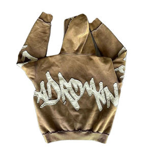 Wholesale Heavyweight Custom Logo Distress Embroidery Acid Wash High Quality Thick Heavy French Terry Oversize <b>Zipper</b> Hoodie Men - Product Image 2