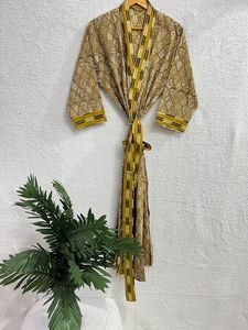 Robe Kimono en coton imprimé Hippie Bagru pour femmes, robe de nuit longue au sol, robes décontractées ethniques naturelles de style Jaipuri - Product Image 6
