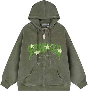 Sudadera con capucha y cremallera para mujer y hombre, con estampado de letras y estrellas, estilo grunge, de pana - Product Image 1