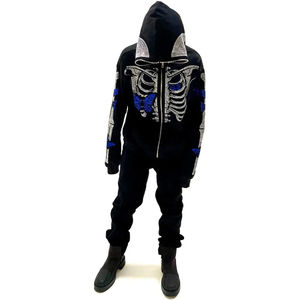 Conjunto de pantalones de chándal y Sudadera con capucha con estampado de algodón tejido personalizado, chándal con cremallera y lavado ácido de diamantes de imitación, chándales para hombres - Product Image 1