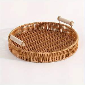 Bandeja de mimbre de bambú hecha a mano, bandeja de mimbre con asa tejida, bandejas de corte de alimentos de pared alta redondas hechas a mano, multiusos - Product Image 3