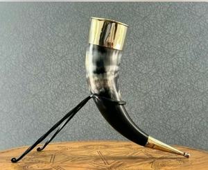 Authentic Viking Drinking Horn Handmade Natural Crafts <b>Mug</b> with Stand & Leather <b>Holder</b> - Product Image 1