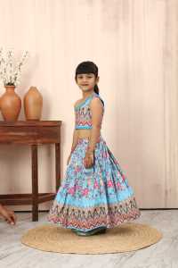 Ensemble de vêtements traditionnels pour enfants Shoryam Fashion, Lehenga Choli bleu imprimé, haut court à une épaule, jupe évasée pour les filles, fête - Product Image 5