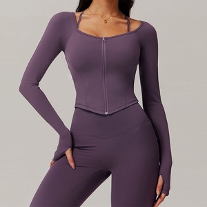 Chaqueta deportiva de entrenamiento de otoño e invierno para mujer, camisetas de Yoga para Fitness de secado rápido con cremallera, manga larga, logotipo frontal, patrón sólido - Product Image 6