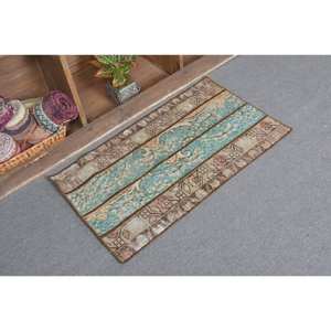 Tapis turc vintage 1,8x3,1 pieds bleu marron écologique poils moyens tissage plat laine motif patchwork décorations de salle à manger - Product Image 2