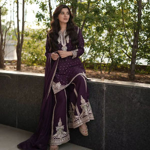 Sharara Ghararaインド刺繍作品冬Salwar Kameez Midiパーティーデザイナー伝統的な民族3ピースセットReadymade - Product Image 1