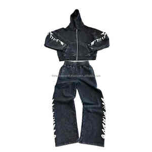 Ensemble survêtement unisexe personnalisé hiver pantalon de survêtement à capuche solide délavé avec broderie en détresse strass options de taille pour hommes - Product Image 6