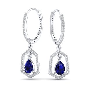 Boucles d'oreilles créoles REYES personnalisées en or 14 carats plaqué rhodium, saphir bleu taille poire 1,5 carat avec diamants pour femme - Product Image 5