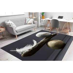 Alfombra de Terciopelo de Lana con Estampado de Parches de Piedras y Plumas - Respaldo de Látex Ecológico, Estilo Tradicional - Product Image 4