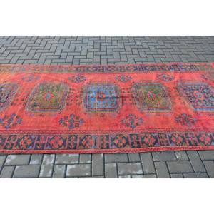 Turkish Vintage Rug, 4.5x11.3 ft <b>Runner</b> Rug, <b>Red</b> Blue Ikat Rug - Product Image 3