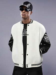 <b>Y2K</b> College Baseball Jacket for Men Wool Blend Body PU Leather Sleeves Modern Urban <b>Streetwear</b> Snap Button Varsity Outerwear - Product Image 3