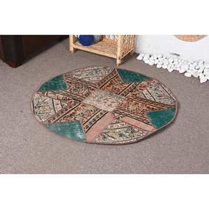 Alfombra turca Vintage Beige verde estilo bohemio diseño de retazos rectangulares clásicos alfombra de piel grande de 3,3x3,3 pies con respaldo de látex - Product Image 3