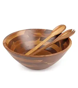 Custom Acacia Wood Salad Bowls With Twok and Large Spoon Wooden Wavy Salad Bowl Wave Serving Bowl For Fruits Salads