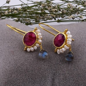 Natural Gemstone Labradorite <b>Opal</b> & Ruby Stone Unique Designer Gold Plated 925 Sterling Silver Handmade Jewelry Stud <b>Earring</b> - Product Image 2