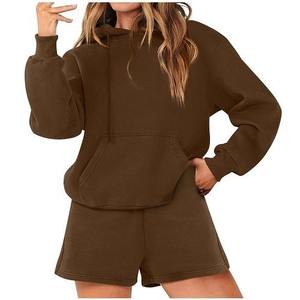 OEM Custom Design <b>Women's</b> Winter Knee Length <b>Long</b> Hoodies and <b>Shorts</b> Set Solid Pattern Knitting Fabric with Vintage Decoration - Product Image 6