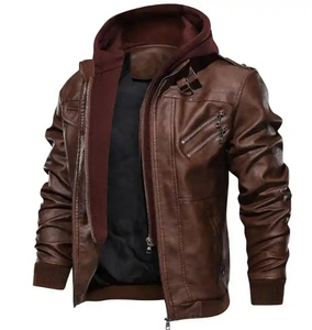 Chaqueta de moto informal con cremallera y diseño personalizado de alta calidad para hombre, venta al por mayor de cuero PU con cuello levantado y capucha - Product Image 4