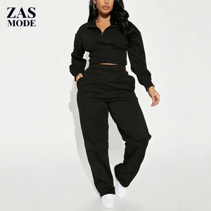 Ensemble deux pièces décontracté et élégant pour femme en coton 100 % tricoté au crochet, avec veste cardigan à double fermeture éclair et pantalon droit ample longueur totale - Product Image 1