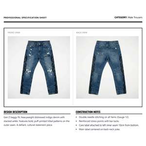 กางเกงยีนส์เดนิมสีครามทรงหลวมสไตล์สตรีทแวร์ Y2K สำหรับผู้ชาย ตัดเย็บแบบกระดุมสูง ทรงขาบาน แต่งลายกราฟิก 3 มิติ แบบทำเก่า - Product Image 6
