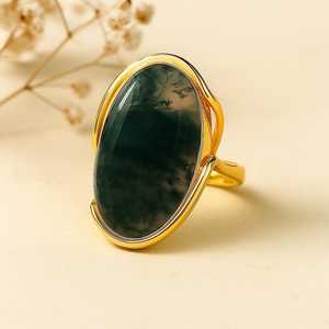 Oval <b>Moss</b> <b>Agate</b> <b>Ring</b> 18K Gold Vermeil Statement Jewelry - Product Image 2