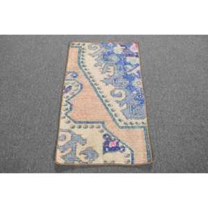 Alfombra Turca Vintage de 1.5x2.5 pies, Alfombra Pequeña de Lana Marroquí Azul - Product Image 1