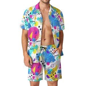 Ensemble deux pièces décontracté pour homme, chemise à manches courtes et short en tissu éponge à séchage rapide, idéal pour la plage, les vacances et les loisirs, personnalisable - Product Image 1