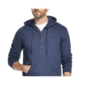 Felpa con Cappuccio Henley Vintage Impermeabile da Uomo Blu Navy, Design con Bottoni, Tessuto Lavorato a Maglia con Lavaggio Enzimatico, Taglia Media, per la Stagione Autunnale - Product Image 2