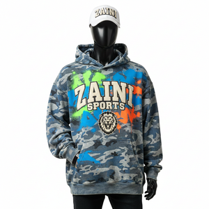 High Quality 360GSM Acid Wash Hooded <b>Sweatshirt</b> Camo Pattern Neon Paint Style Big Custom Logo <b>Embroidery</b> basics Hoodie - Product Image 1